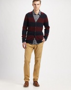 A charming winter essential knitted in striped lambswool with leather elbow patches and ribbed trim.Button-frontRibbed knit cuffs and hemWaist patch pocketsWoolDry cleanImported
