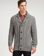 Shawl collar cardigan shaped in a textured, cable-knit wool blend.Button-frontShawl collarWaist patch pocketsRibbed knit cuffs and hem50% acrylic/25% wool/25% alpacaDry cleanImported