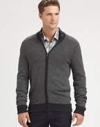Contrasting color highlights and trims the collar, cuffs and hem of this handsome design, elegantly shaped in a smooth cotton blend.Zip frontRibbed knit collar, cuffs and hem25% cotton/25% polyamide/25% viscose/20% wool/5% cashmereHand washImported