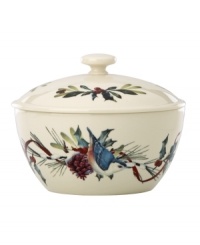 Perfect for green beans or mashed potatoes, the Winter Greetings casserole from Lenox's collection of serveware and serving dishes keeps everything piping hot and totally festive in ivory porcelain with cheery birds and holly. Perfect for green beans or mashed potatoes, the Winter Greetings casserole from Lenox's collection of serveware and serving dishes keeps everything piping hot and totally festive in ivory porcelain with cheery birds and holly.