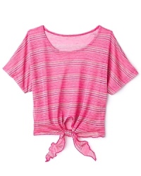An eye-catching trendsetter, this scoop-neck top features angled stripes and a tie front that lets her customize the silhouette. An eye-catching trendsetter, this scoop-neck top features angled stripes and a tie front that lets her customize the silhouette.