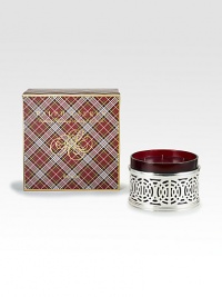 Encased in an ornate polished nickel holder, a lovely juniper, evergreen and currant-scented candle will infuse your home with fragrant holiday cheer.Glass, Silver-plated brassSoy blend wax42 oz.Made in USA Encased in an ornate polished nickel holder, a lovely juniper, evergreen and currant-scented candle will infuse your home with fragrant holiday cheer.Glass, Silver-plated brassSoy blend wax42 oz.Made in USA