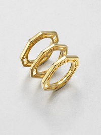 A set of three 16k goldplated rings in a geometric octagon shape. 16k goldplated brassLogo accentedImported