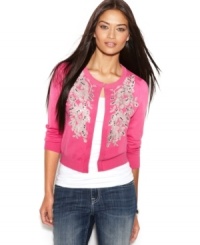 This cropped cardigan by INC is a ton of trend in one petite silhouette. The bold hue hits the mark for spring while a flourish of embroidery and sequins gives it super shine. This cropped cardigan by INC is a ton of trend in one petite silhouette. The bold hue hits the mark for spring while a flourish of embroidery and sequins gives it super shine.