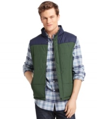 Bulk up on scholastic style with this lightweight varsity puffer vest from Izod. Bulk up on scholastic style with this lightweight varsity puffer vest from Izod.