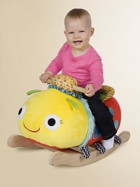 This soft and cuddly plush bug has fun legs, antennae, smiling face and sits atop a solid wooden rocker frame for a rocking good time.About 16H X 12D X 24LSuitable for ages 1 year and upImported This soft and cuddly plush bug has fun legs, antennae, smiling face and sits atop a solid wooden rocker frame for a rocking good time.About 16H X 12D X 24LSuitable for ages 1 year and upImported
