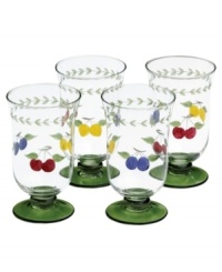 Lemons, cherries and plums add a splash of summery cheer to this set of already irresistible iced tea drinking glasses. Hand painted and etched, with a leaf garland and pine-green base, this Villeroy & Boch drinkware brings colorful refreshment to casual country kitchens. Lemons, cherries and plums add a splash of summery cheer to this set of already irresistible iced tea drinking glasses. Hand painted and etched, with a leaf garland and pine-green base, this Villeroy & Boch drinkware brings colorful refreshment to casual country kitchens.