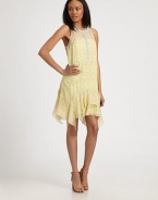 A subtle tile print highlights airy silk chiffon in this casual shift shaped with softly-ruffled hem.Jewel necklineSleevelessButton-down placketDropped waistTiered ruffled hemAbout 21 from natural waistSilkDry cleanImportedModel shown is 5'9 (175cm) wearing US size 4.