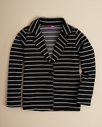 Bright white stripes lend pattern play to this ponte knit blazer for girls. From Aqua. Bright white stripes lend pattern play to this ponte knit blazer for girls. From Aqua.