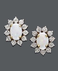 A sunburst of sparkle perfect for every day wear. Stud earrings feature oval-cut opal (3/4 ct. t.w.) surrounded by beautiful round-cut diamond accents. Crafted in 14k gold with 14k white gold miracle plates. Approximate diameter: 1/2 inch. A sunburst of sparkle perfect for every day wear. Stud earrings feature oval-cut opal (3/4 ct. t.w.) surrounded by beautiful round-cut diamond accents. Crafted in 14k gold with 14k white gold miracle plates. Approximate diameter: 1/2 inch.