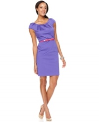 Spense works two bold colors into one beautiful look--a patent pink bow belt adds a pop to this bright petite dress. (Clearance) Spense works two bold colors into one beautiful look--a patent pink bow belt adds a pop to this bright petite dress. (Clearance)