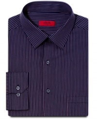 Sleek stripes and a fitted construction take your work wardrobe straight up the ladder. Dress shirt from Alfani RED.