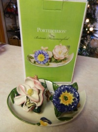 Portmeirion Botanic Hummingbird Floral Salt & Pepper Shaker Set on base Portmeirion Botanic Hummingbird Floral Salt & Pepper Shaker Set on base