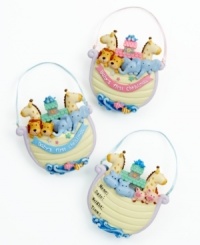 Cherish the memory of your baby's first Christmas with the Noah's Ark ornament, featuring giraffes, elephants and more adorable duos in sweet pastel colors. Personalize it with his or her name, date, weight and time of birth. Shown front and back. Cherish the memory of your baby's first Christmas with the Noah's Ark ornament, featuring giraffes, elephants and more adorable duos in sweet pastel colors. Personalize it with his or her name, date, weight and time of birth. Shown front and back.