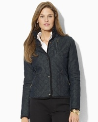 A chic quilted jacket is rendered in classic denim for a look that is steeped in heritage inspiration. A chic quilted jacket is rendered in classic denim for a look that is steeped in heritage inspiration.