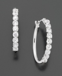 Round-cut cubic zirconia are set in 14k white gold. Earrings measure 3/4 inches. Round-cut cubic zirconia are set in 14k white gold. Earrings measure 3/4 inches.
