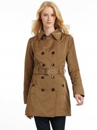 THE LOOKNotched collarDouble-breasted button front closureLong sleeves with three-button cuffsDual welt pockets with button closureButton tab at backAttached beltWater resistantMatching travel bag includedTHE FITAbout 31 from shoulder to hemTHE MATERIALPolyesterCARE & ORIGINMachine washImported THE LOOKNotched collarDouble-breasted button front closureLong sleeves with three-button cuffsDual welt pockets with button closureButton tab at backAttached beltWater resistantMatching travel bag includedTHE FITAbout 31 from shoulder to hemTHE MATERIALPolyesterCARE & ORIGINMachine washImported