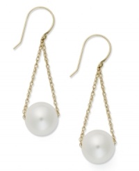 Contemporary chic. Delicate chains cradle a cultured freshwater pearl (10 mm) in this shapely style. Set in 14k gold. Approximate drop: 1-1/2 inches. Contemporary chic. Delicate chains cradle a cultured freshwater pearl (10 mm) in this shapely style. Set in 14k gold. Approximate drop: 1-1/2 inches.