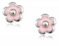 Children's Sterling Silver Pink Flower Safety Earrings