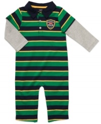 Preppy in spirit, Carter's striped cotton coverall will conjure up dreams of Ivy league greatness. Preppy in spirit, Carter's striped cotton coverall will conjure up dreams of Ivy league greatness.