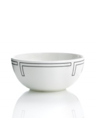 With a pure white finish and simple, geometric edge in durable bone china, the Links berry bowl from Hotel Collection has a look of quiet elegance that's ideal at modern tables.