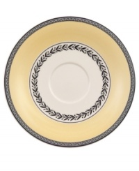 Mix and match, choosing from four patterns of black-and-white French country scenes and designs on white porcelain banded in yellow. Mix and match, choosing from four patterns of black-and-white French country scenes and designs on white porcelain banded in yellow.