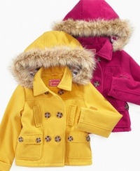 Dollhouse adds a twist to the traditional pea coat with a fresh color, with a fur-trim hood for a cozy touch. Dollhouse adds a twist to the traditional pea coat with a fresh color, with a fur-trim hood for a cozy touch.