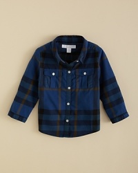 The Trent sport shirt from Burberry revels in a classic button-down look, adding roll-sleeve tabs and the classic check print. The Trent sport shirt from Burberry revels in a classic button-down look, adding roll-sleeve tabs and the classic check print.