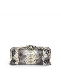 THE LOOKFrame top envelope silhouetteMagnetic crystal-accented bow clasp closureOne inside open pocketInside logo detailTHE MEASUREMENT10½W X 5H X 2DTHE MATERIALSwarovski crystalsMulticolor pythonSilk liningORIGINHandmade in the USA THE LOOKFrame top envelope silhouetteMagnetic crystal-accented bow clasp closureOne inside open pocketInside logo detailTHE MEASUREMENT10½W X 5H X 2DTHE MATERIALSwarovski crystalsMulticolor pythonSilk liningORIGINHandmade in the USA