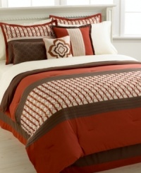 Incorporating pleating embellishments, intricate embroidery and a swirling ribbon pattern, the Carlisle comforter set evokes a rustic, yet refined appeal. Coordinating shams, bedskirt and decorative pillows tie the look together in an earthy palette of orange, brown and cream. Incorporating pleating embellishments, intricate embroidery and a swirling ribbon pattern, the Carlisle comforter set evokes a rustic, yet refined appeal. Coordinating shams, bedskirt and decorative pillows tie the look together in an earthy palette of orange, brown and cream.