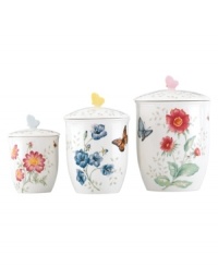 Spring is perpetually in season with whimsical Butterfly Meadow canisters. Colorful blooms and butterflies mingle on glossy white porcelain for three sweet, breezy scenes made to mix and match. A sculpted butterfly comes in for a landing on each lid for extra cheer. Spring is perpetually in season with whimsical Butterfly Meadow canisters. Colorful blooms and butterflies mingle on glossy white porcelain for three sweet, breezy scenes made to mix and match. A sculpted butterfly comes in for a landing on each lid for extra cheer.