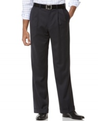 Relax in smooth, truly dapper style. This elegant navy dress pant features sophisticated double reverse pleats, on-seam side pockets, and button-through besom pockets on back. Extendable waistband. Cuffed buttoms. Relax in smooth, truly dapper style. This elegant navy dress pant features sophisticated double reverse pleats, on-seam side pockets, and button-through besom pockets on back. Extendable waistband. Cuffed buttoms.