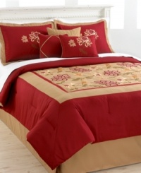 Sleep serene upon gorgeous color with the Adelacia comforter set. Lush, embroidered floral patterns present an Eastern-inspired design over rich red and natural taupe, offering a warm and brilliant bedroom update. Sleep serene upon gorgeous color with the Adelacia comforter set. Lush, embroidered floral patterns present an Eastern-inspired design over rich red and natural taupe, offering a warm and brilliant bedroom update.