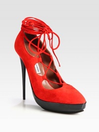 Impressive suede pump with wispy laces wrapped around the ankle, heightened by a patent leather platform and soaring heel. Lacquered heel, 5¼ (130mm)Patent leather platform, 1 (25mm)Compares to a 4¼ heel (110mm)Suede upperLeather liningRubber solePadded insoleMade in Italy Impressive suede pump with wispy laces wrapped around the ankle, heightened by a patent leather platform and soaring heel. Lacquered heel, 5¼ (130mm)Patent leather platform, 1 (25mm)Compares to a 4¼ heel (110mm)Suede upperLeather liningRubber solePadded insoleMade in Italy