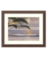 Experience paradise every day on the shores of this tropical beach. Beyond an outstretched palm tree, the rising sun illuminates a rippling sea and sailboats drifting toward the horizon. Finished with a rustic wood frame. Experience paradise every day on the shores of this tropical beach. Beyond an outstretched palm tree, the rising sun illuminates a rippling sea and sailboats drifting toward the horizon. Finished with a rustic wood frame.