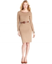 Anne Klein's sweater dress is superlatively chic with a faux-leather trim at the neckline and a coordinating belt. Anne Klein's sweater dress is superlatively chic with a faux-leather trim at the neckline and a coordinating belt.