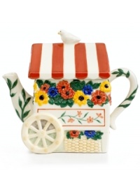 Turn afternoon tea into a garden party with the colorful Patio Garden teapot, featuring whimsical detail from the striped awning lid to brilliant blooms. A fun gift for tea drinkers from Tabletops Unlimited. Turn afternoon tea into a garden party with the colorful Patio Garden teapot, featuring whimsical detail from the striped awning lid to brilliant blooms. A fun gift for tea drinkers from Tabletops Unlimited.