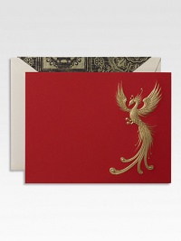 Wise, righteous, benevolent. The phoenix is a gentle creature and, when paired with the noble dragon, is a sight the Chinese regard as a sign that peace and prosperity will reign.Set of 8 cards and envelopesApprox. 4½ X 6 Made in USA Wise, righteous, benevolent. The phoenix is a gentle creature and, when paired with the noble dragon, is a sight the Chinese regard as a sign that peace and prosperity will reign.Set of 8 cards and envelopesApprox. 4½ X 6 Made in USA