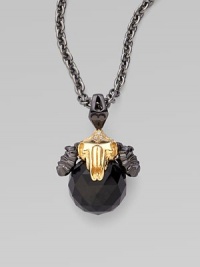 A goldplated and black rhodium plated sterling silver ram head, complete with pavé cubic zirconia, looms over a jet crystal, strung on a long elegant chain.Jet crystal Cubic zirconia Goldplated sterling silver Black rhodium plated sterling silver Chain length, about 30 Pendant width, about 1½ Lobster clasp Imported A goldplated and black rhodium plated sterling silver ram head, complete with pavé cubic zirconia, looms over a jet crystal, strung on a long elegant chain.Jet crystal Cubic zirconia Goldplated sterling silver Black rhodium plated sterling silver Chain length, about 30 Pendant width, about 1½ Lobster clasp Imported