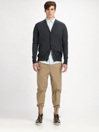 Functionality meets casual comfort with this fashion-forward, tapered utility pant with zipper and knit trim at the ankle.Drawstring tie waistSide slash, back flap pocketsInseam, about 2844% cotton/42% polyester/14% nylonDry cleanImported Functionality meets casual comfort with this fashion-forward, tapered utility pant with zipper and knit trim at the ankle.Drawstring tie waistSide slash, back flap pocketsInseam, about 2844% cotton/42% polyester/14% nylonDry cleanImported