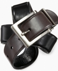 For now, the only belt he needs: Reversible leather belt from Nautica with a classic squared buckle. For now, the only belt he needs: Reversible leather belt from Nautica with a classic squared buckle.