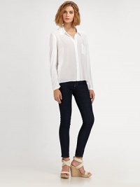 Semi-sheer classic boasts a single patch pocket and hi-low hem. Point collarButton frontSingle patch pocketLong sleevesHi-low hemRayonMachine washMade in USA Semi-sheer classic boasts a single patch pocket and hi-low hem. Point collarButton frontSingle patch pocketLong sleevesHi-low hemRayonMachine washMade in USA