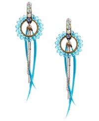 A flair for the exotic. Vibrant blue feathers and chain details put the flirt back into fashion. Betsey Johnson earrings are crafted in gold tone mixed metal with crystal accents and turquoise beading. Approximate length: 4-1/4 inches. Approximate diameter: 1-1/4 inches. A flair for the exotic. Vibrant blue feathers and chain details put the flirt back into fashion. Betsey Johnson earrings are crafted in gold tone mixed metal with crystal accents and turquoise beading. Approximate length: 4-1/4 inches. Approximate diameter: 1-1/4 inches.