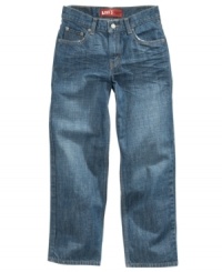 The classic look of a straight-leg jean in a relaxed fit with room to move. The classic look of a straight-leg jean in a relaxed fit with room to move.