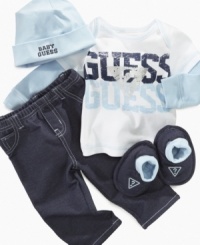 Keep your little dude dapper from head to toe with this comfortable 4-piece shirt, pant, beanie and booties set from Guess. Keep your little dude dapper from head to toe with this comfortable 4-piece shirt, pant, beanie and booties set from Guess.