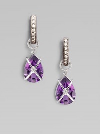 A sparkling, glamourous accent piece with a faceted pear-shaped amethyst wrapped by 18k white gold and adorned with diamond accents. AmethystDiamonds, .03 tcw18k white goldJump ring claspLength, about ¼Imported Please note: Hoops sold separately. A sparkling, glamourous accent piece with a faceted pear-shaped amethyst wrapped by 18k white gold and adorned with diamond accents. AmethystDiamonds, .03 tcw18k white goldJump ring claspLength, about ¼Imported Please note: Hoops sold separately.