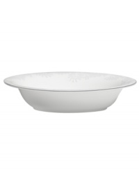 With a modern white-on-white pattern in durable bone china, the Trailing Vines vegetable bowl by Vera Wang promises a lifetime of exquisite dining. Trimmed in polished platinum. With a modern white-on-white pattern in durable bone china, the Trailing Vines vegetable bowl by Vera Wang promises a lifetime of exquisite dining. Trimmed in polished platinum.
