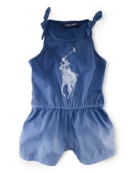 A stylish romper in soft stretch cotton jersey is accented with a watercolor polo pony and an ombré hue for a pretty warm-weather look. A stylish romper in soft stretch cotton jersey is accented with a watercolor polo pony and an ombré hue for a pretty warm-weather look.