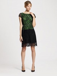 Sheer lace layers over this tailored colorblock shift for a hint of feminine charm.BoatneckShort sleevesBelted waistScalloped lace hemCenter back zipperAbout 23 from natural waist60% nylon/40% rayonDry cleanMade in USA of imported fabricModel shown is 5'9 (175cm) wearing US size 4. Sheer lace layers over this tailored colorblock shift for a hint of feminine charm.BoatneckShort sleevesBelted waistScalloped lace hemCenter back zipperAbout 23 from natural waist60% nylon/40% rayonDry cleanMade in USA of imported fabricModel shown is 5'9 (175cm) wearing US size 4.