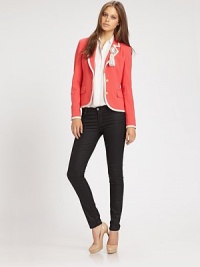 Military-chic gets a feminine update in ths cropped qool blazer with contrast piping and oversized tassel detail.Notch collarLong sleevesTwo-button closureWelt pocketsFlap pocketsAbout 23 from shoulder to hemWoolDry cleanMade in USAModel shown is 5'10 (177cm) wearing US size 4. Military-chic gets a feminine update in ths cropped qool blazer with contrast piping and oversized tassel detail.Notch collarLong sleevesTwo-button closureWelt pocketsFlap pocketsAbout 23 from shoulder to hemWoolDry cleanMade in USAModel shown is 5'10 (177cm) wearing US size 4.